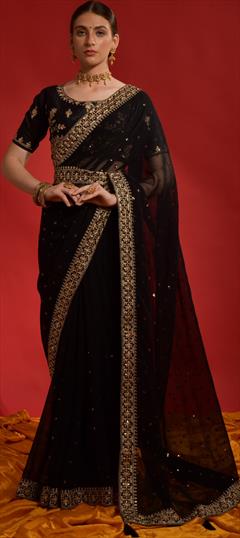 Party Wear, Reception Black and Grey color Saree in Georgette fabric with Classic Embroidered, Sequence, Zari work : 1887597
