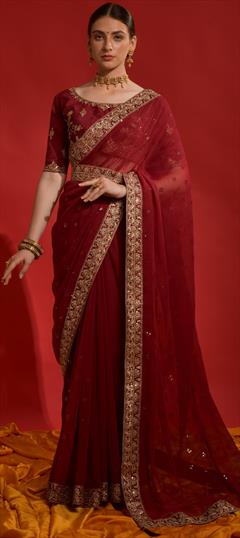 Party Wear, Reception Red and Maroon color Saree in Georgette fabric with Classic Embroidered, Sequence, Zari work : 1887600