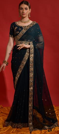Party Wear, Reception Blue color Saree in Georgette fabric with Classic Embroidered, Sequence, Zari work : 1887601
