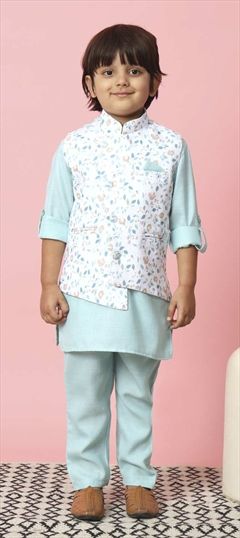 Reception, Wedding White and Off White color Boys Kurta Pyjama with Jacket in Rayon fabric with Printed work : 1887603