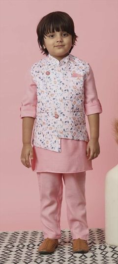 Reception, Wedding Pink and Majenta color Boys Kurta Pyjama with Jacket in Rayon fabric with Printed work : 1887605