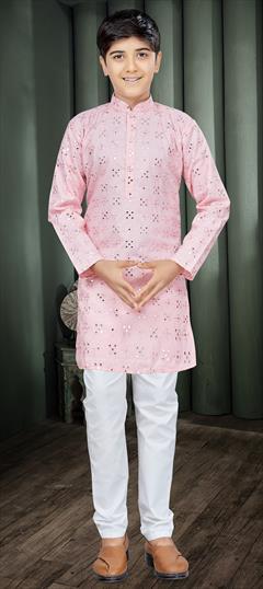 Festive Pink and Majenta color Boys Kurta Pyjama in Cotton fabric with Embroidered, Printed, Sequence work : 1887634