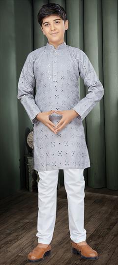 Festive Black and Grey color Boys Kurta Pyjama in Cotton fabric with Embroidered, Printed, Sequence work : 1887636
