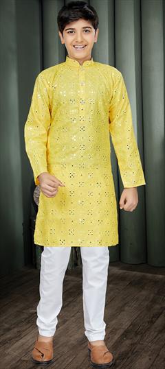 Festive Yellow color Boys Kurta Pyjama in Cotton fabric with Embroidered, Printed, Sequence work : 1887638