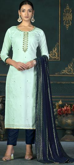 Casual Blue color Salwar Kameez in Cotton fabric with Straight Embroidered work : 1887643