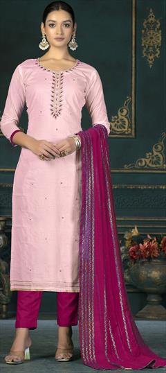 Casual Pink and Majenta color Salwar Kameez in Cotton fabric with Straight Embroidered work : 1887645