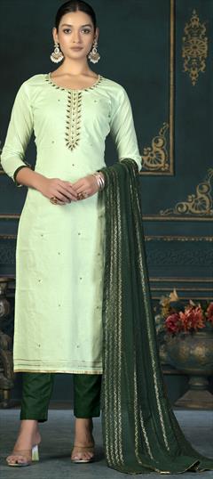 Casual Green color Salwar Kameez in Cotton fabric with Straight Embroidered work : 1887649