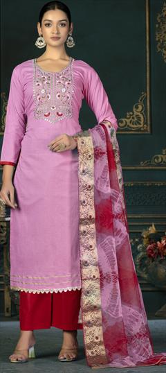 Casual Pink and Majenta color Salwar Kameez in Cotton fabric with Straight Embroidered work : 1887653