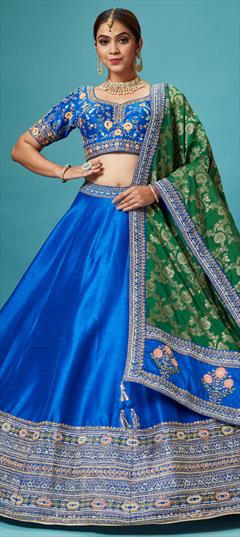 Bridal, Wedding Blue color Lehenga in Silk fabric with Flared Sequence, Thread, Zari work : 1887730