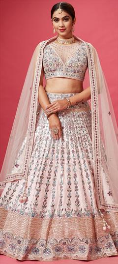 Bridal, Wedding Pink and Majenta color Lehenga in Silk fabric with Flared Cut Dana, Mirror, Sequence, Stone work : 1887731
