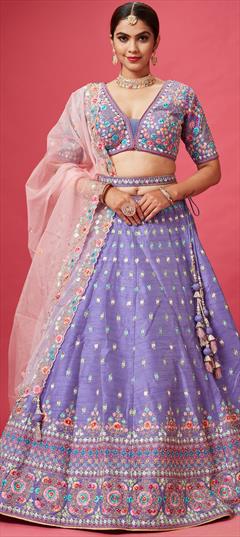Bridal, Wedding Purple and Violet color Lehenga in Silk fabric with Flared Embroidered, Stone, Thread, Zari work : 1887761