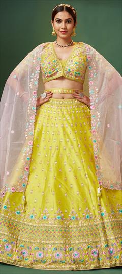 Bridal, Wedding Yellow color Lehenga in Silk fabric with Flared Embroidered, Stone, Thread, Zari work : 1887762