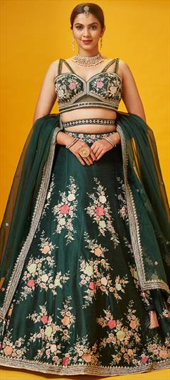 Bridal, Wedding Green color Lehenga in Silk fabric with Flared Sequence, Thread, Zari work : 1887765