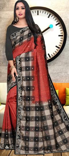 Bridal, Wedding Black and Grey, Red and Maroon color Saree in Satin Silk fabric with South Stone work : 1887809