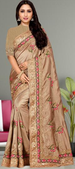 Bridal, Wedding Beige and Brown color Saree in Satin Silk fabric with South Embroidered, Stone, Thread, Zari work : 1887812