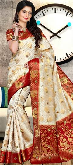 Bridal, Wedding White and Off White color Saree in Kanjeevaram Silk fabric with South Weaving, Zari work : 1887814