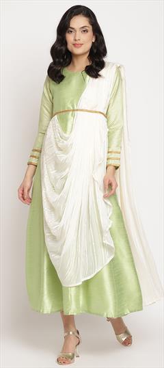 Designer, Party Wear Green color Kurti in Poly Silk fabric with A Line, Long Sleeve Thread work : 1887858