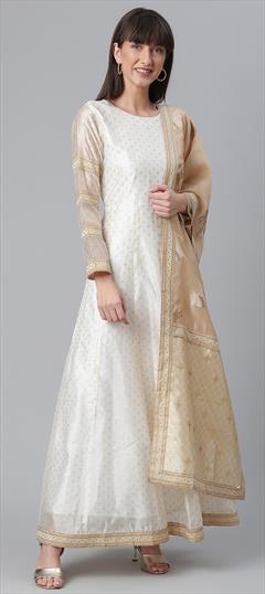 Designer, Party Wear White and Off White color Kurti in Chanderi Silk fabric with Anarkali, Long Sleeve Printed work : 1887863