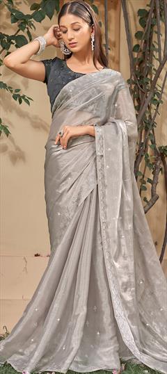 Party Wear, Traditional Black and Grey color Saree in Art Silk, Silk fabric with South Swarovski work : 1887906