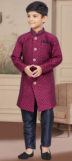 Party Wear Purple and Violet color Boys Indo-Western in Jacquard fabric with Embroidered, Stone work : 1887913