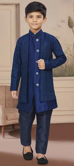 Party Wear Blue color Boys Indo-Western in Jacquard fabric with Embroidered, Stone work : 1887914