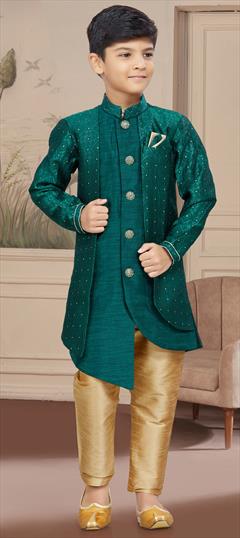 Party Wear Green color Boys Indo-Western in Jacquard fabric with Embroidered, Thread, Zari work : 1887917