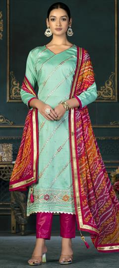 Casual Green color Salwar Kameez in Cotton fabric with Straight Embroidered, Resham, Thread work : 1887957
