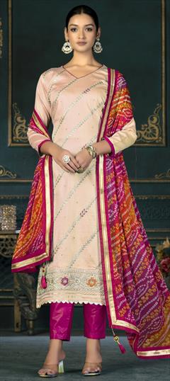 Casual Pink and Majenta color Salwar Kameez in Cotton fabric with Straight Embroidered, Resham, Thread work : 1887960