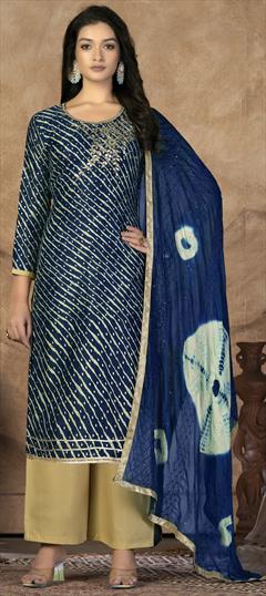 Casual Blue color Salwar Kameez in Cotton fabric with Palazzo, Straight Embroidered, Resham, Thread work : 1887964