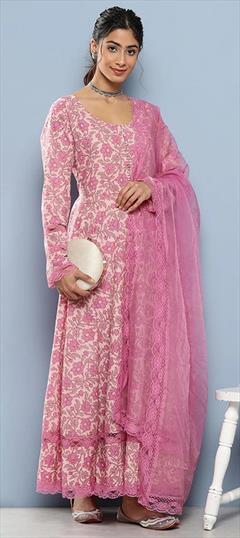 Party Wear Pink and Majenta color Salwar Kameez in Cotton fabric with Anarkali Floral, Lace, Printed work : 1887984