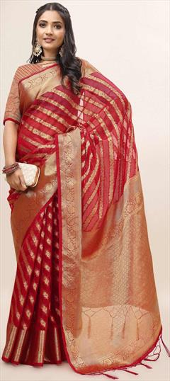 Party Wear, Traditional Red and Maroon color Saree in Organza Silk fabric with South Weaving work : 1887999