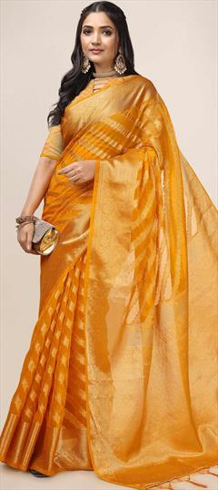 Party Wear, Traditional Orange color Saree in Organza Silk fabric with South Weaving work : 1888004