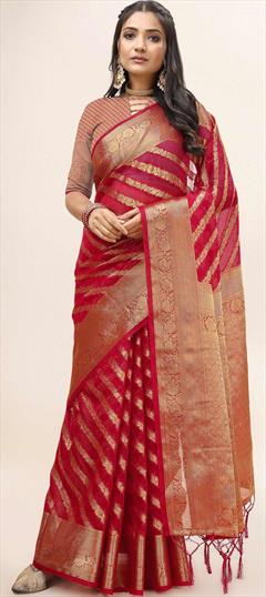 Party Wear, Traditional Red and Maroon color Saree in Organza Silk fabric with South Weaving work : 1888005
