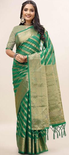 Party Wear, Traditional Green color Saree in Organza Silk fabric with South Weaving work : 1888006