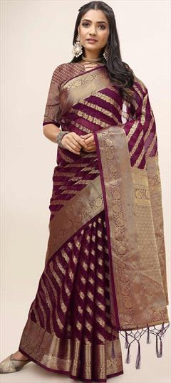 Party Wear, Traditional Red and Maroon color Saree in Organza Silk fabric with South Weaving work : 1888008