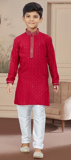 Party Wear Red and Maroon color Boys Kurta Pyjama in Rayon fabric with Embroidered, Stone, Thread work : 1888009