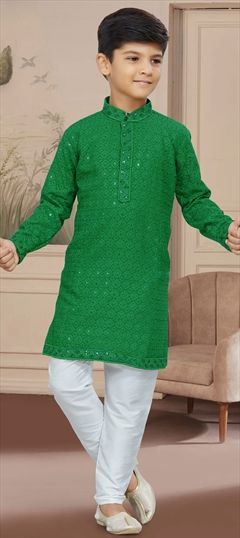 Party Wear Green color Boys Kurta Pyjama in Rayon fabric with Embroidered, Stone, Thread work : 1888014