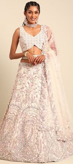 Bridal, Reception, Wedding White and Off White color Lehenga in Net fabric with Flared Embroidered, Sequence, Zircon work : 1888148