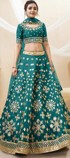 Reception, Wedding Green color Lehenga in Art Silk fabric with Flared Embroidered, Sequence, Zari work : 1888162