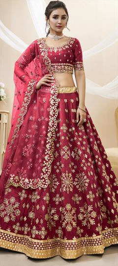 Reception, Wedding Red and Maroon color Lehenga in Art Silk fabric with Flared Embroidered, Sequence, Zari work : 1888163