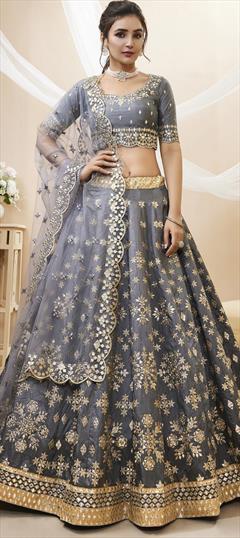 Reception, Wedding Black and Grey color Lehenga in Art Silk fabric with Flared Embroidered, Sequence, Zari work : 1888164