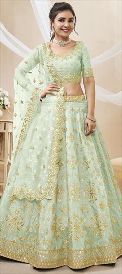Reception, Wedding Green color Lehenga in Art Silk fabric with Flared Embroidered, Sequence, Zari work : 1888165