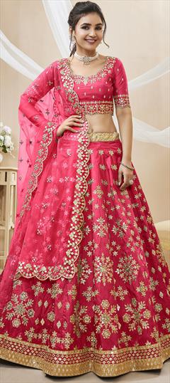 Reception, Wedding Pink and Majenta color Lehenga in Art Silk fabric with Flared Embroidered, Sequence, Zari work : 1888166