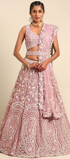 Bridal, Reception, Wedding Purple and Violet color Lehenga in Net fabric with Flared Embroidered, Sequence, Zircon work : 1888168