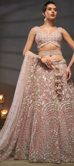 Bridal, Reception, Wedding Pink and Majenta color Lehenga in Net fabric with Flared Embroidered, Sequence, Zircon work : 1888170