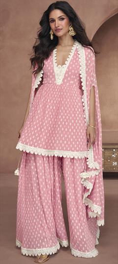 Mehendi Sangeet, Reception Pink and Majenta color Salwar Kameez in Georgette fabric with A Line, Palazzo Lace, Printed, Thread work : 1888173