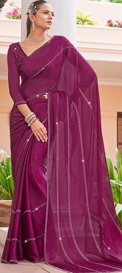 Party Wear, Reception Purple and Violet color Saree in Chiffon fabric with Classic Stone work : 1888252