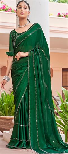 Party Wear, Reception Green color Saree in Chiffon fabric with Classic Stone work : 1888254