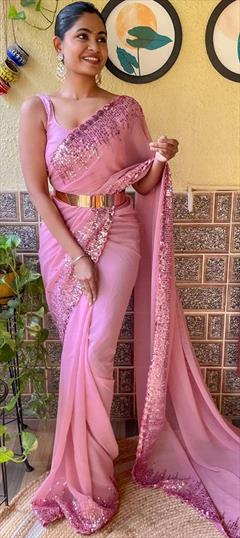 Party Wear Pink and Majenta color Saree in Georgette fabric with Classic Sequence work : 1888284