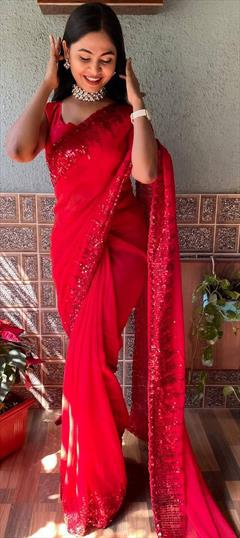 Party Wear Red and Maroon color Saree in Georgette fabric with Classic Sequence work : 1888285